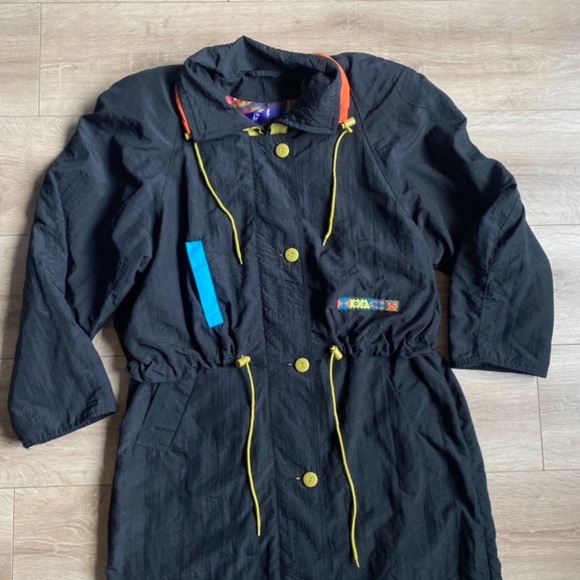 Vintage Pizazz trench coat wind breaker long neon detailing cinch waist - Picture 4 of 13